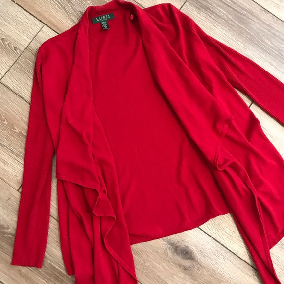 Ralph Lauren Tops - Ralph Lauren red silk-blend drape front cardigan